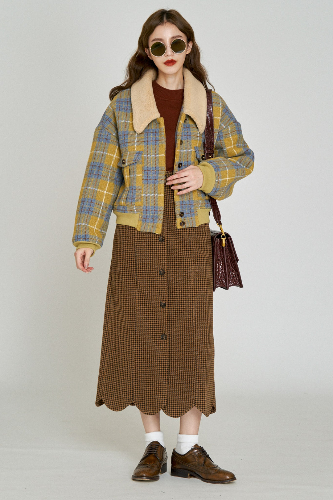 望遠鏡を使いますか？》ボアカラーウールチェックジャケット-Mustard