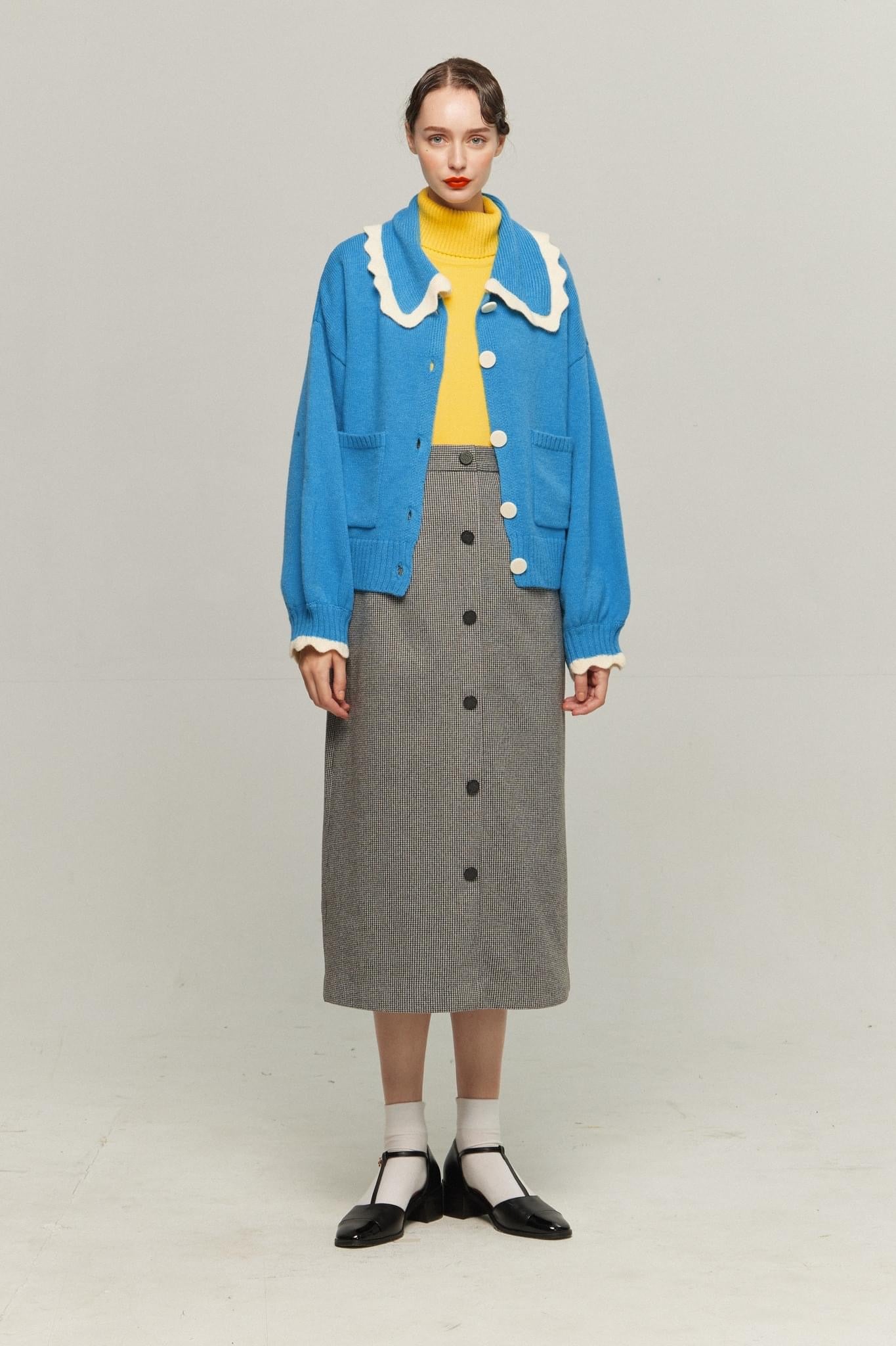 《サラダしか食べたくない》スカラップデザインニットカーディガン-Blue