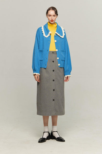 《サラダしか食べたくない》スカラップデザインニットカーディガン-Blue