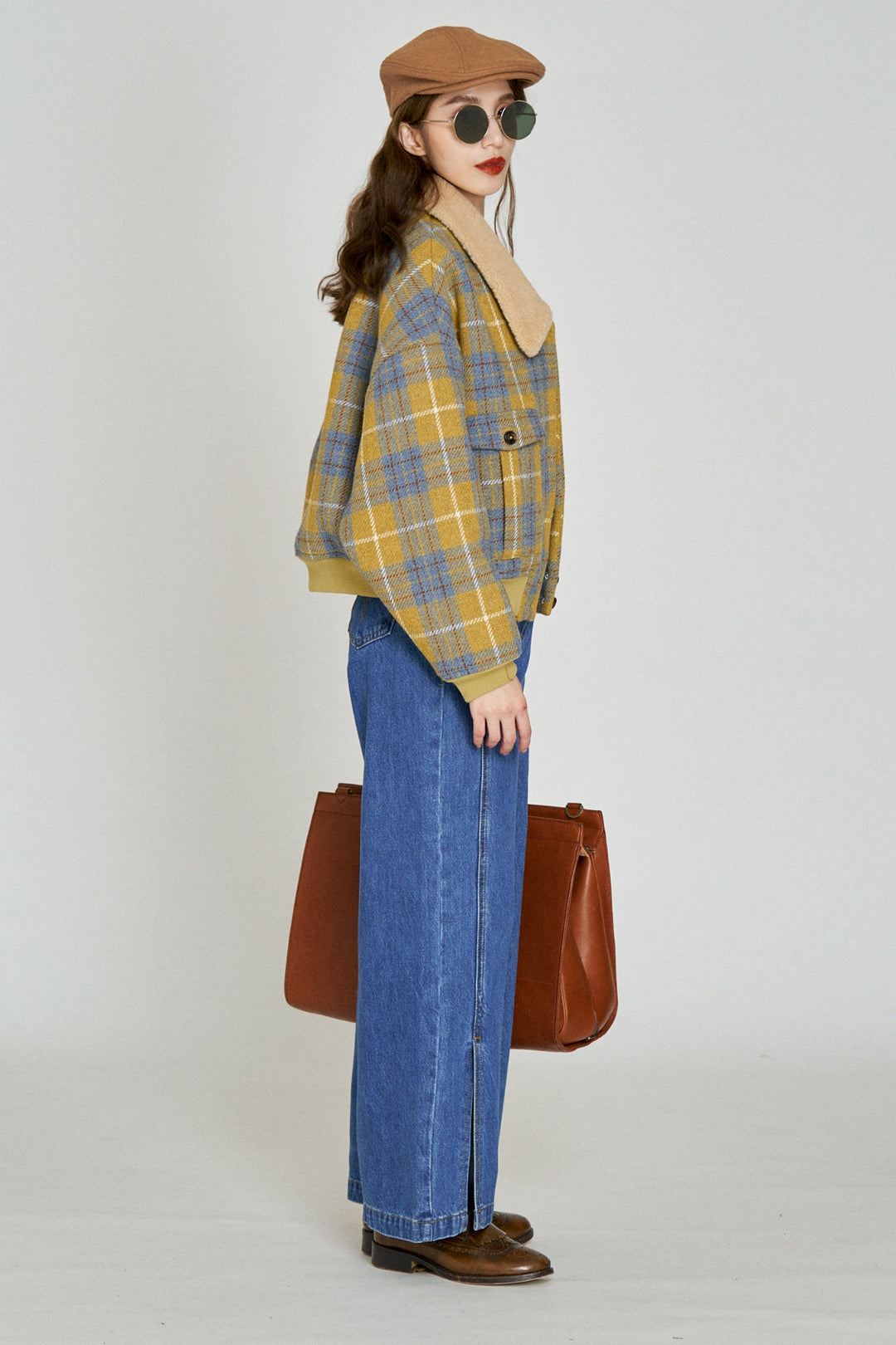 望遠鏡を使いますか？》ボアカラーウールチェックジャケット-Mustard