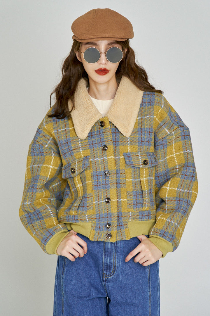 望遠鏡を使いますか？》ボアカラーウールチェックジャケット-Mustard
