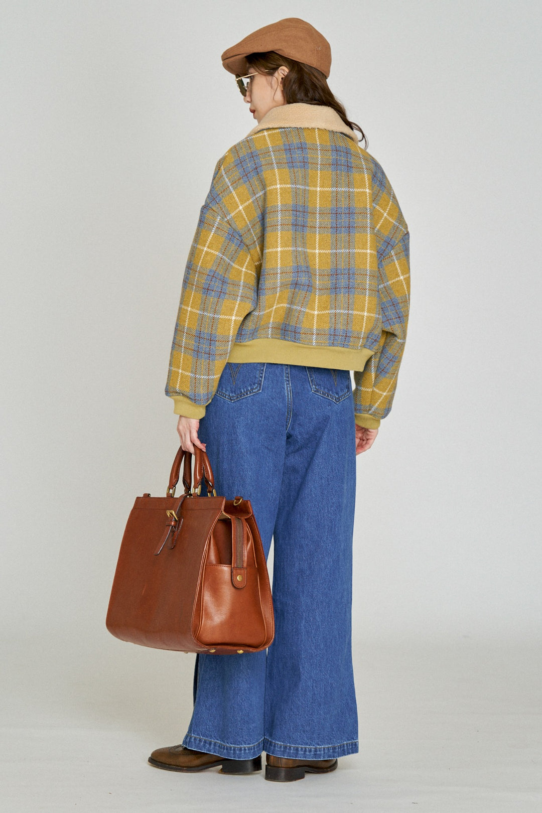 望遠鏡を使いますか？》ボアカラーウールチェックジャケット-Mustard