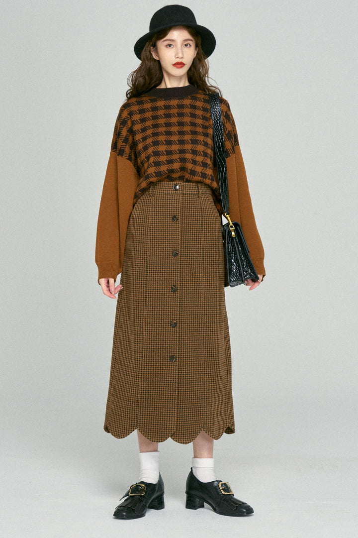 《頬を強くつねって》ハイウエストスカラップデザインスカート-Coffee