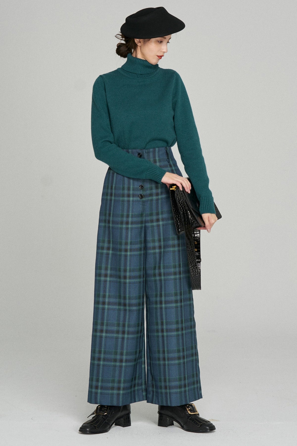 《Bumping into Paul on the street》 High waist wide check pants-Blue green