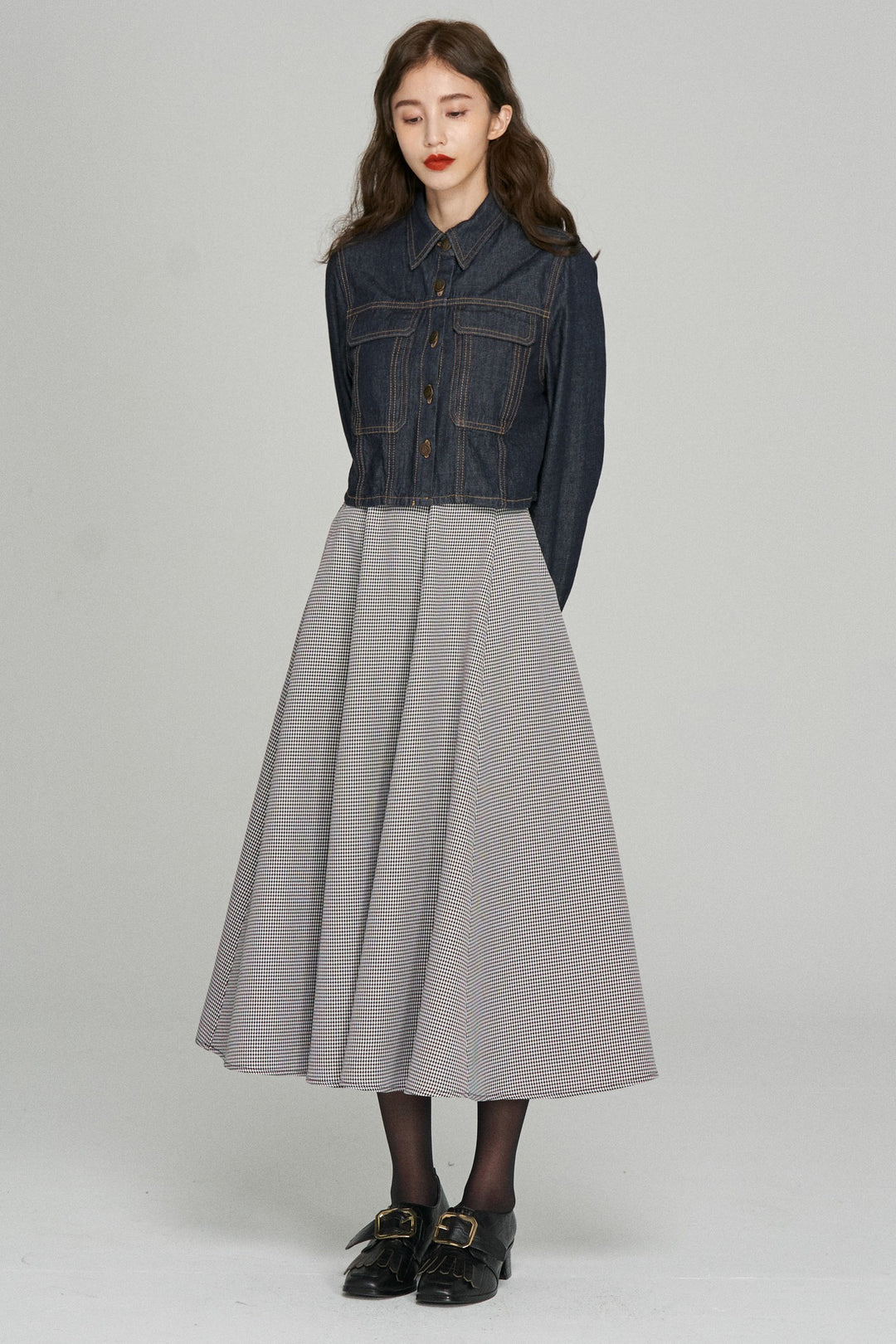 《つい一口食べちゃいました》ハイウエストサーキュラースカート-Houndstooth check