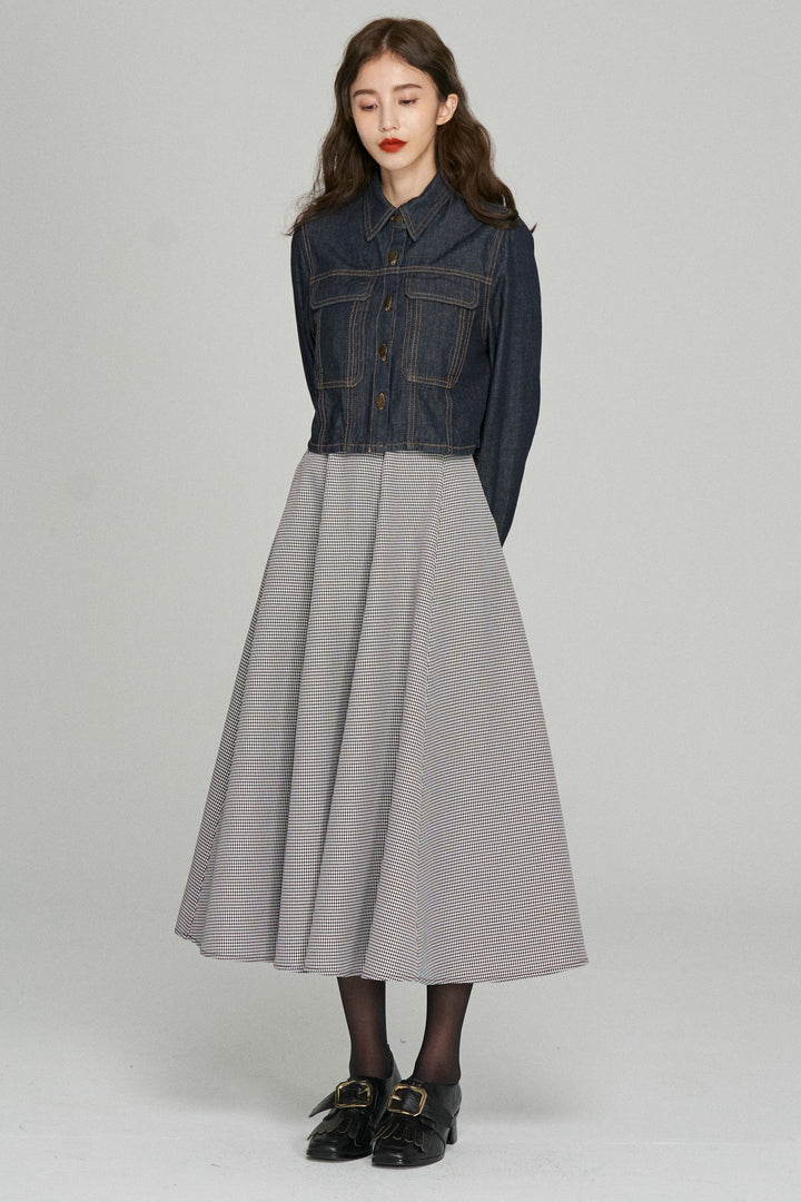 《つい一口食べちゃいました》ハイウエストサーキュラースカート-Houndstooth check