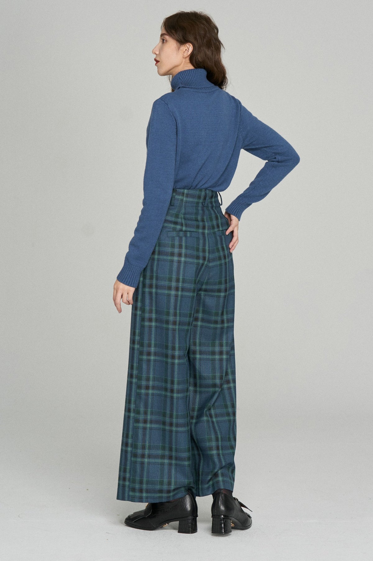 《Bumping into Paul on the street》 High waist wide check pants-Blue green