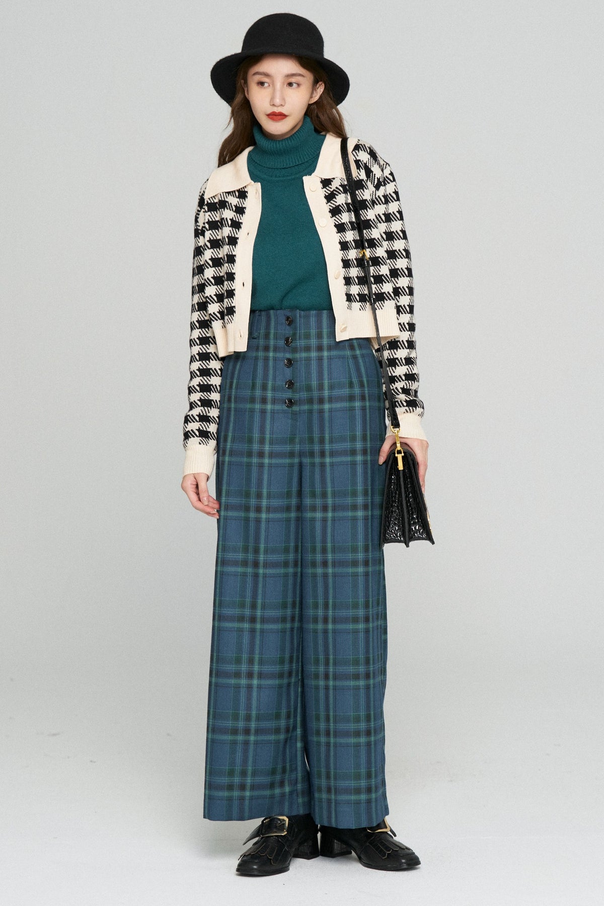《Bumping into Paul on the street》 High waist wide check pants-Blue green