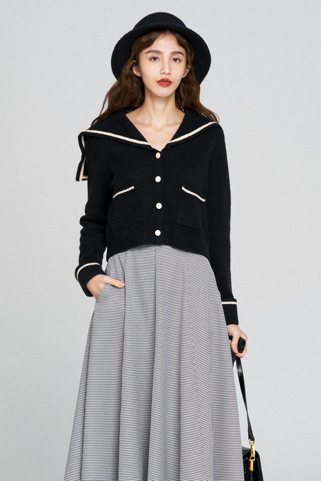 《つい一口食べちゃいました》ハイウエストサーキュラースカート-Houndstooth check