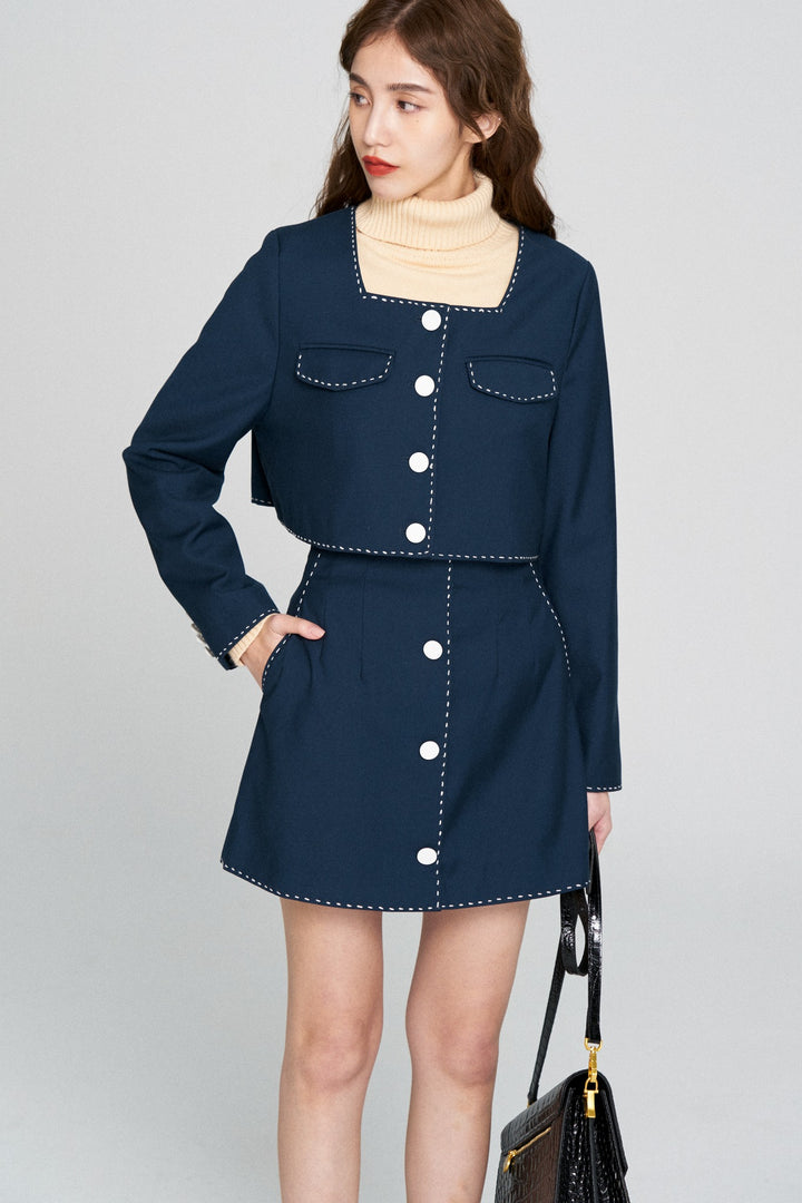 《ヘレンは甘い物を食べない》クロップドジャケット-Navy