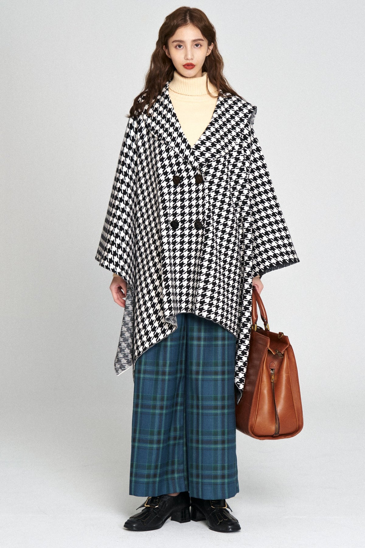 《Bumping into Paul on the street》 High waist wide check pants-Blue green