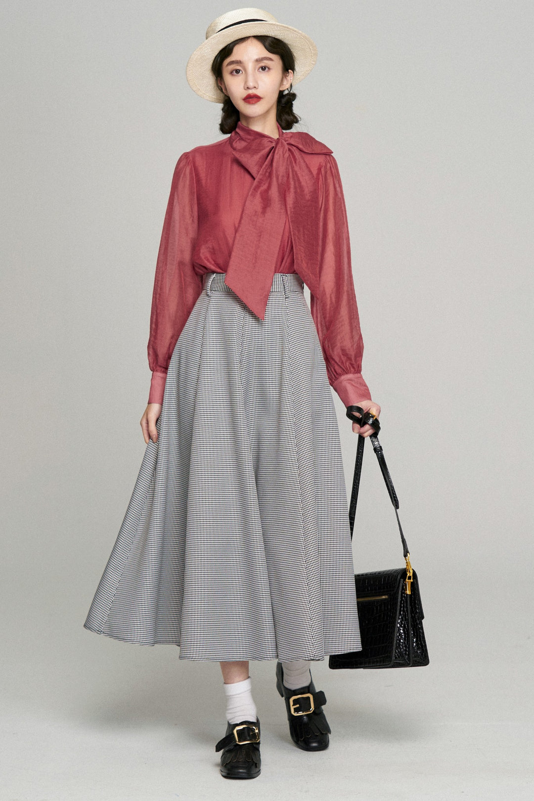 《つい一口食べちゃいました》ハイウエストサーキュラースカート-Houndstooth check
