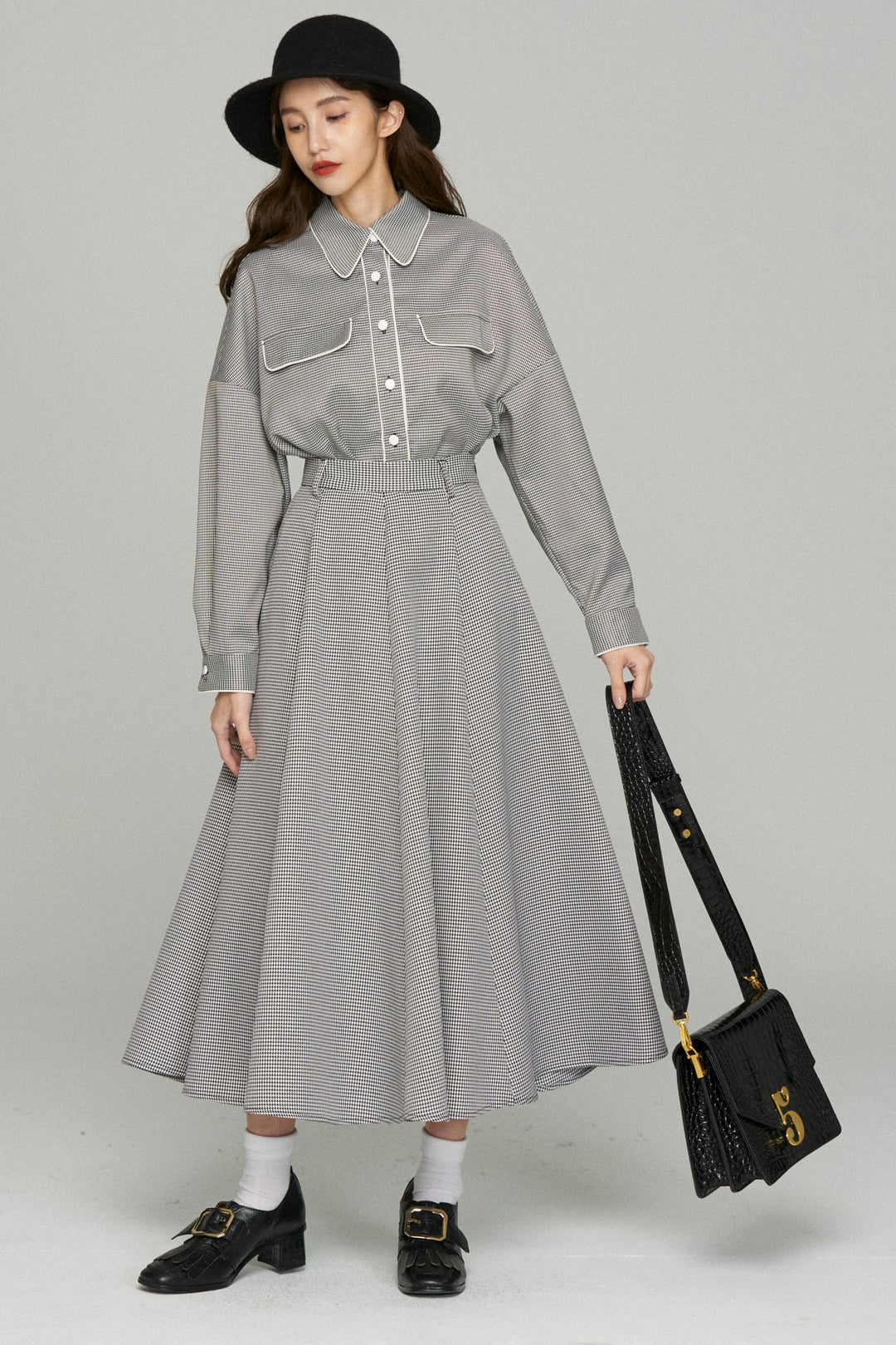 《つい一口食べちゃいました》ハイウエストサーキュラースカート-Houndstooth check