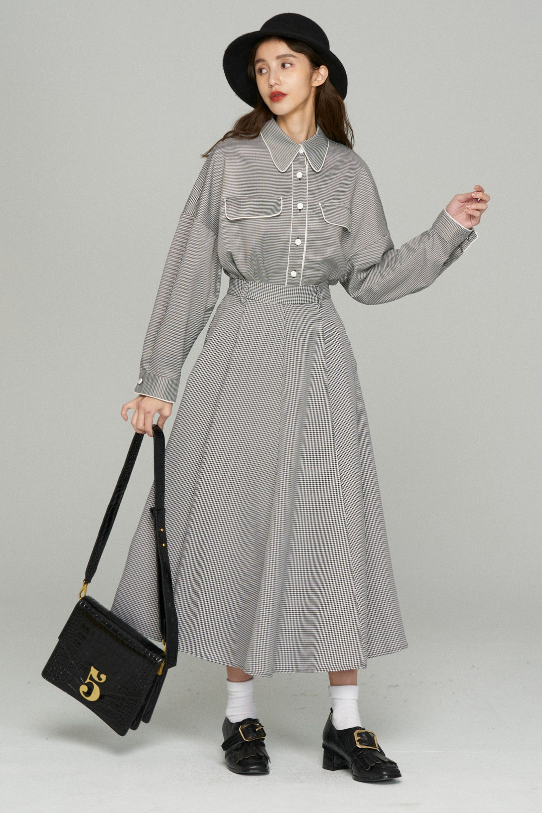 《つい一口食べちゃいました》ハイウエストサーキュラースカート-Houndstooth check