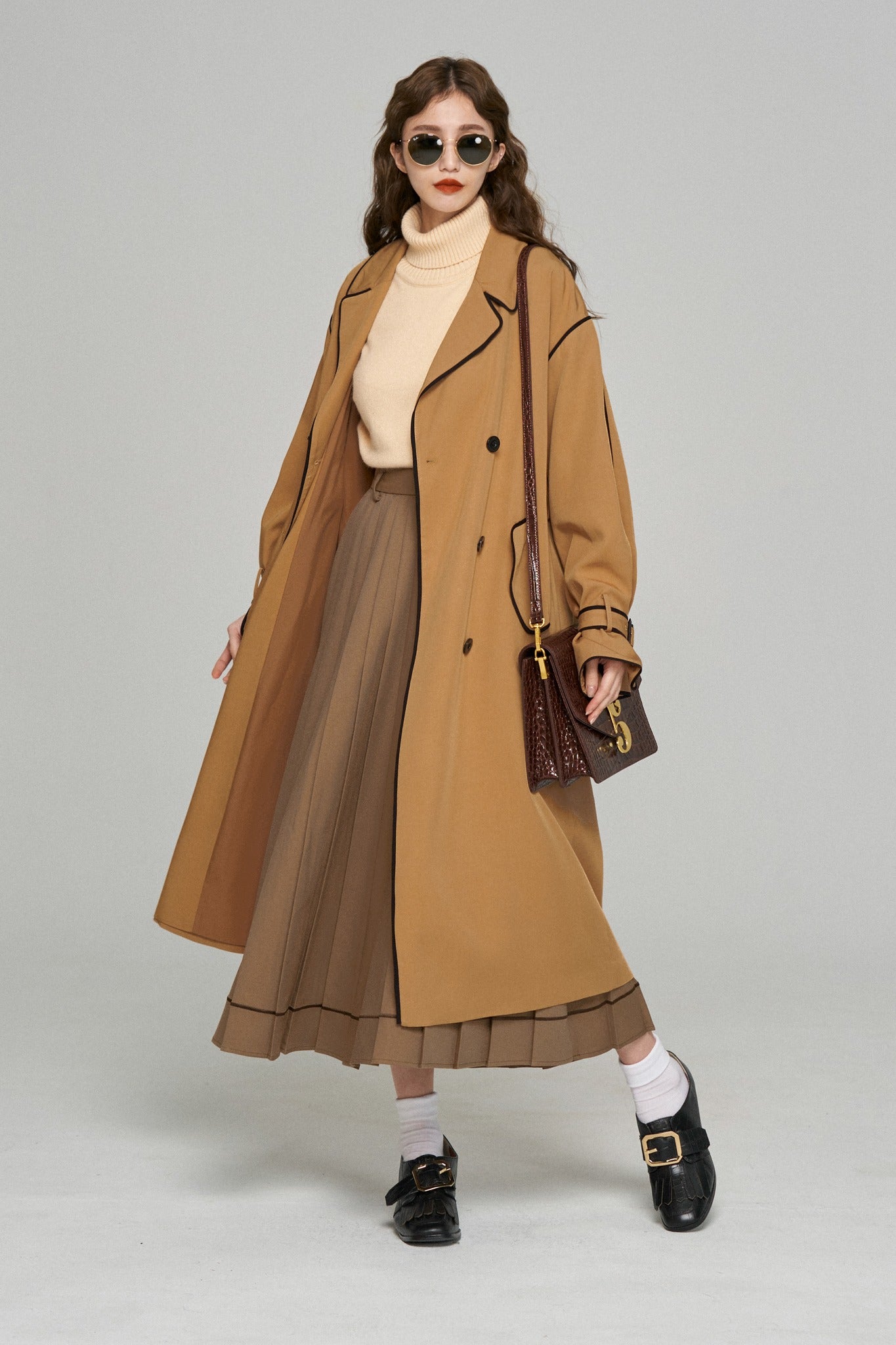 《うちで晩御飯食べていきなよ》ハイウエストプリーツスカート-Brown