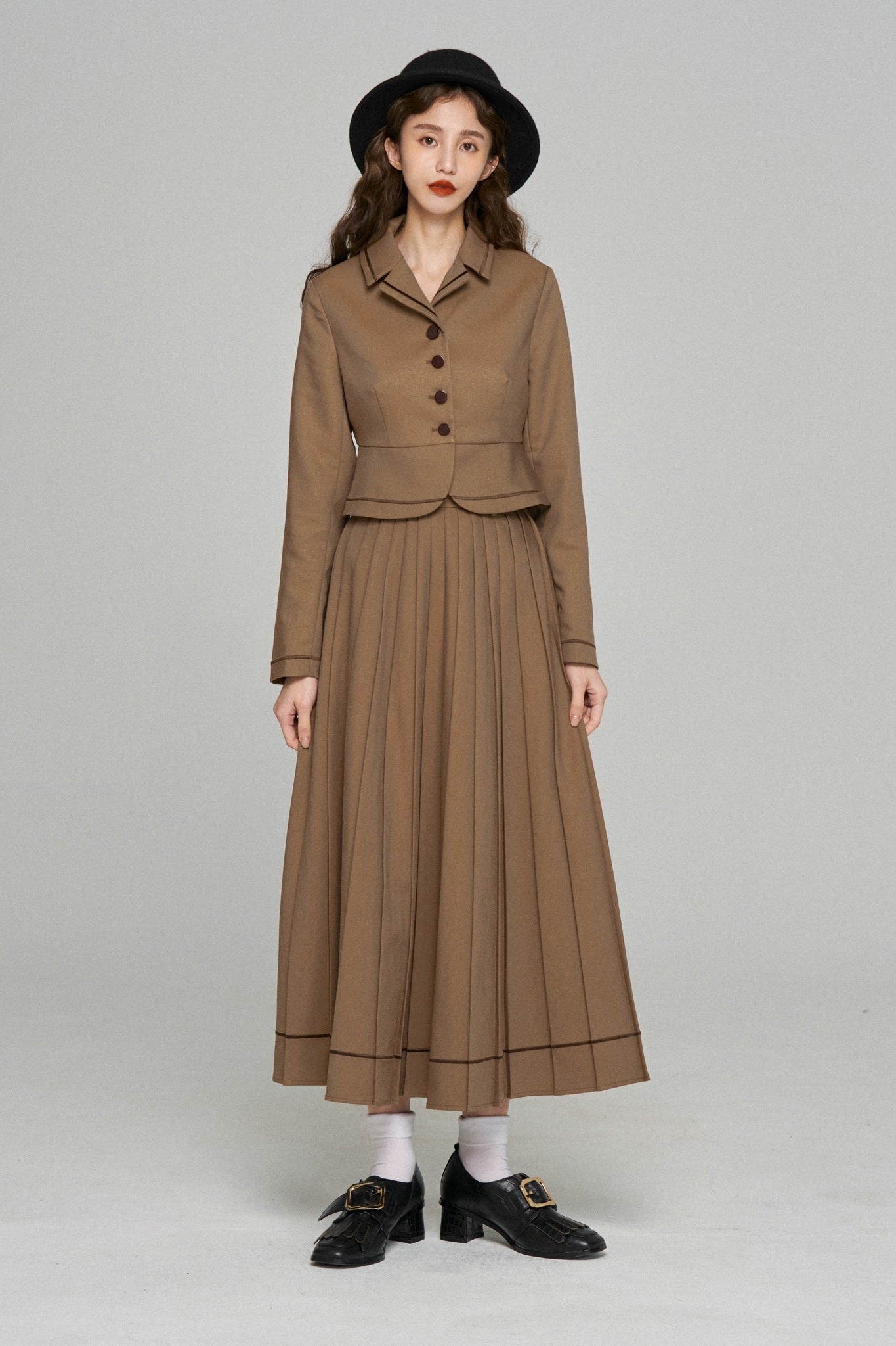 《うちで晩御飯食べていきなよ》ハイウエストプリーツスカート-Brown