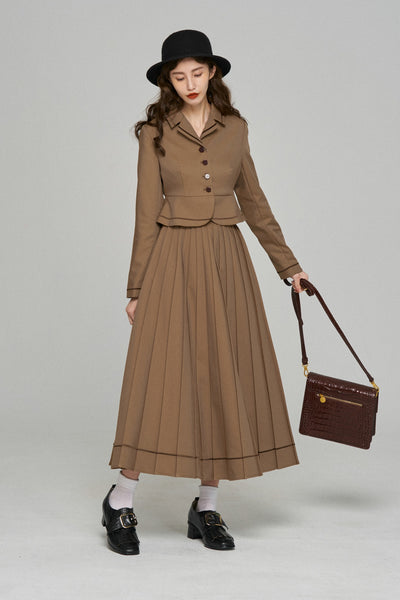 《うちで晩御飯食べていきなよ》ハイウエストプリーツスカート-Brown