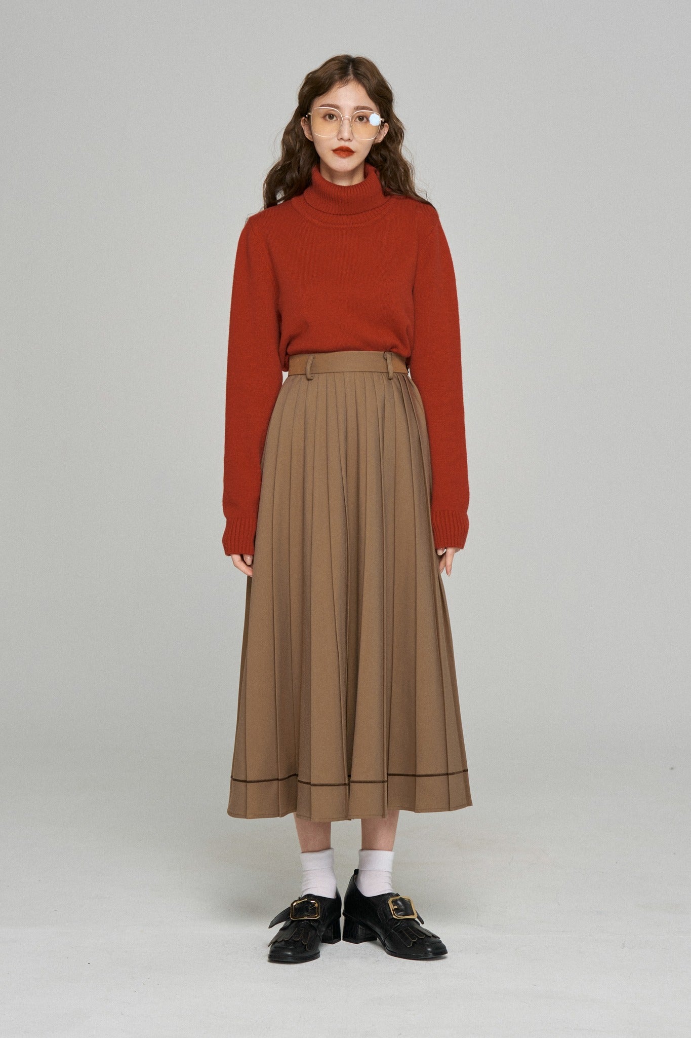 《うちで晩御飯食べていきなよ》ハイウエストプリーツスカート-Brown