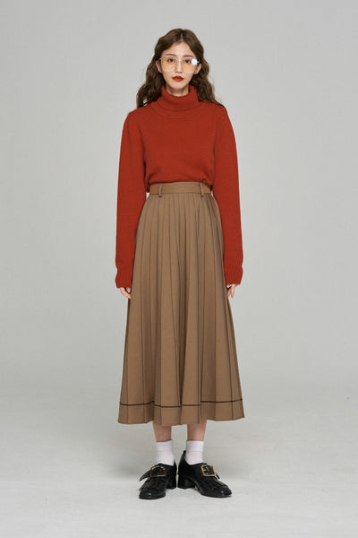 《うちで晩御飯食べていきなよ》ハイウエストプリーツスカート-Brown