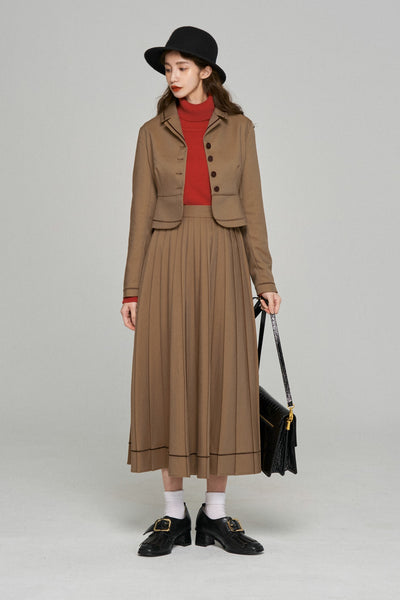 《うちで晩御飯食べていきなよ》ハイウエストプリーツスカート-Brown