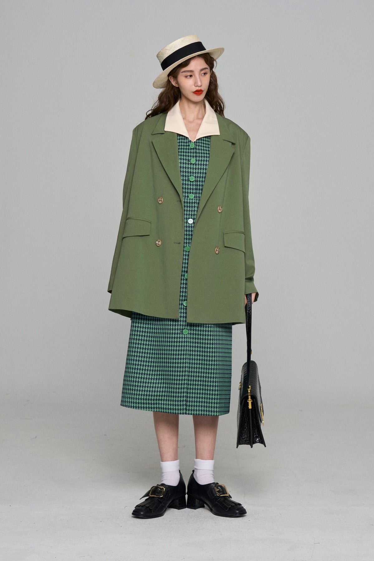 《Draw a map with tree branches》Double button jacket-Light green