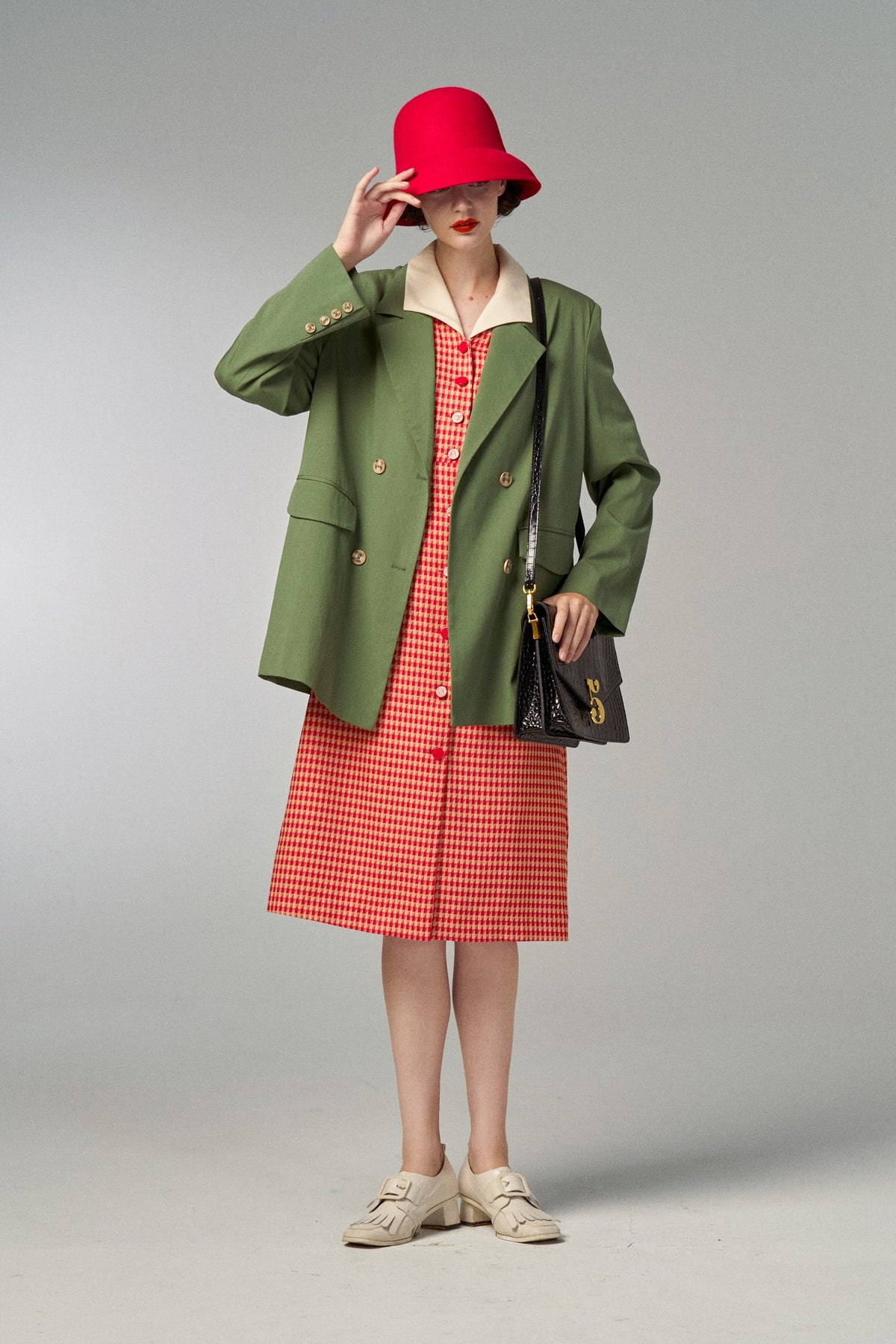 《Draw a map with tree branches》Double button jacket-Light green