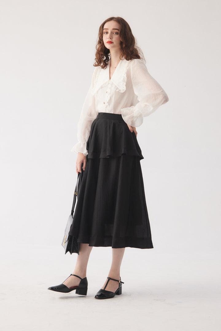 《メリーがまた嫉妬している》シースルーフリルブラウス-Off White