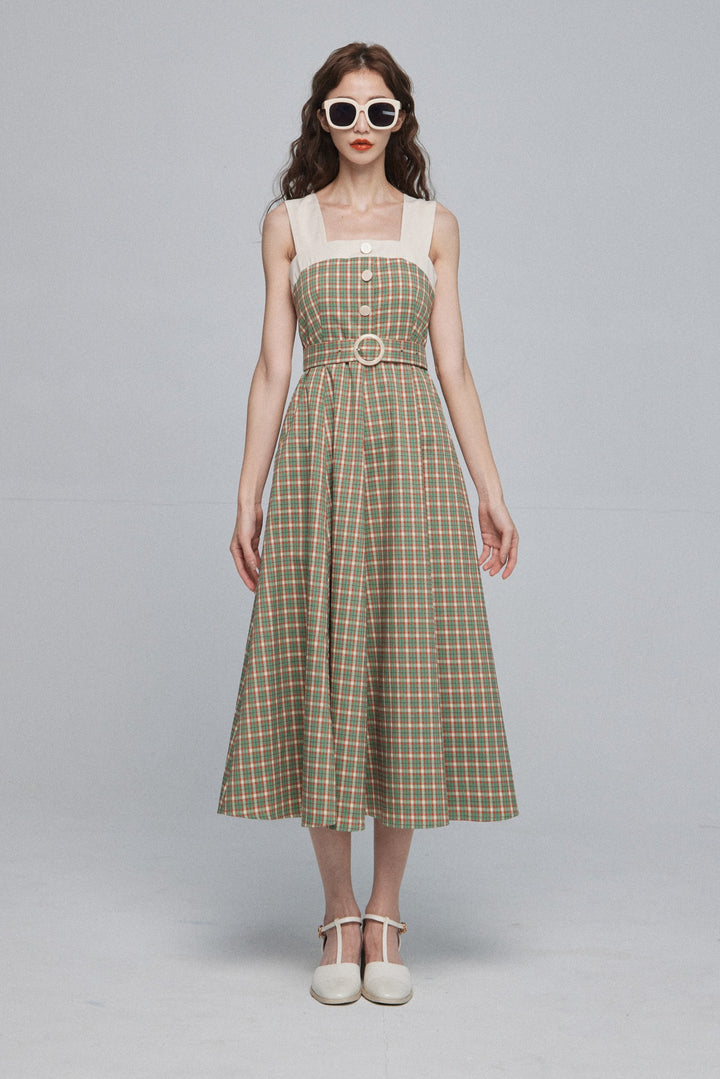 《北京ダックを持ち帰りで》ショルダーストラップハイウエストドレス-Green