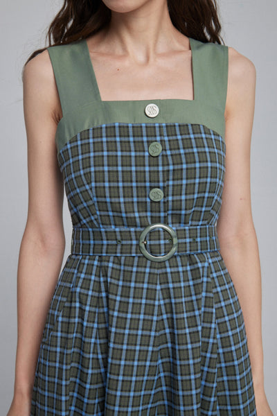 《北京ダックを持ち帰りで》ショルダーストラップハイウエストドレス-Blue green