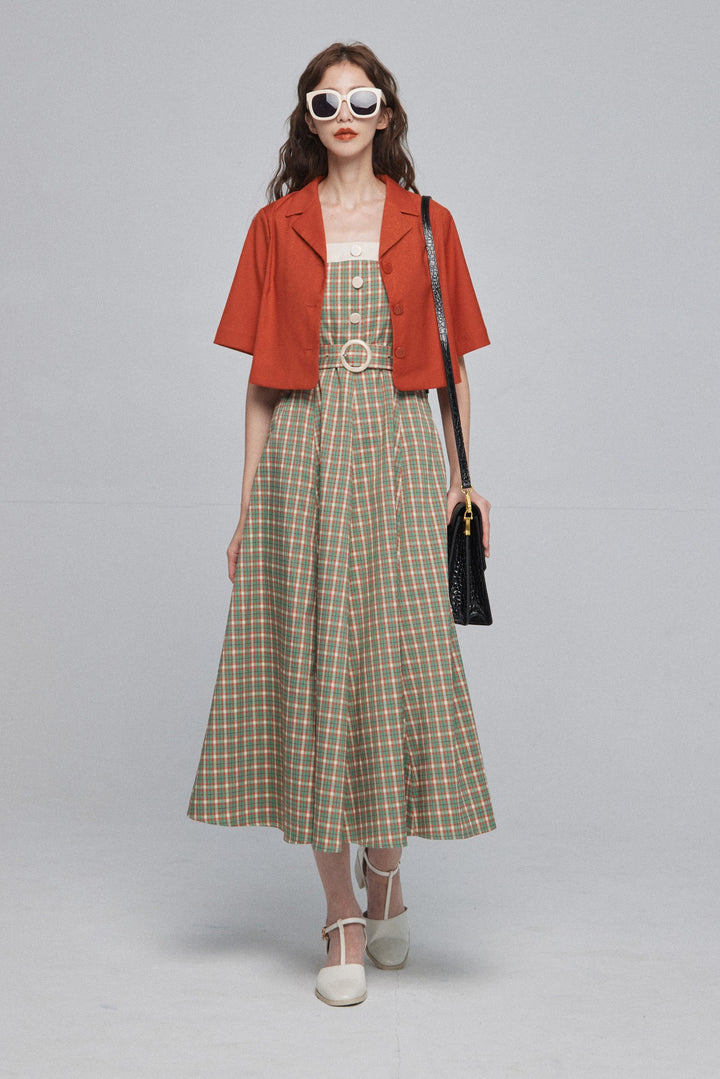 《北京ダックを持ち帰りで》ショルダーストラップハイウエストドレス-Green