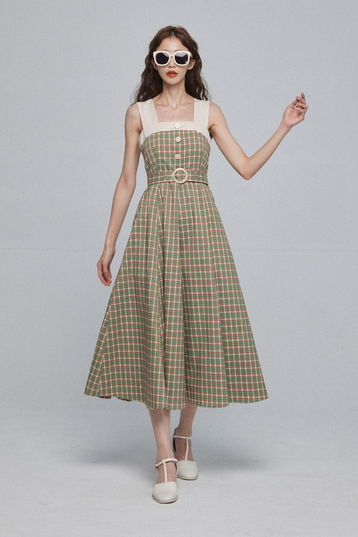 《北京ダックを持ち帰りで》ショルダーストラップハイウエストドレス-Green