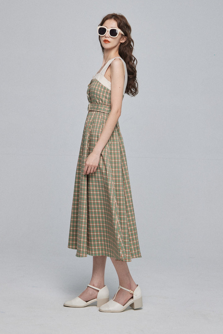 《北京ダックを持ち帰りで》ショルダーストラップハイウエストドレス-Green