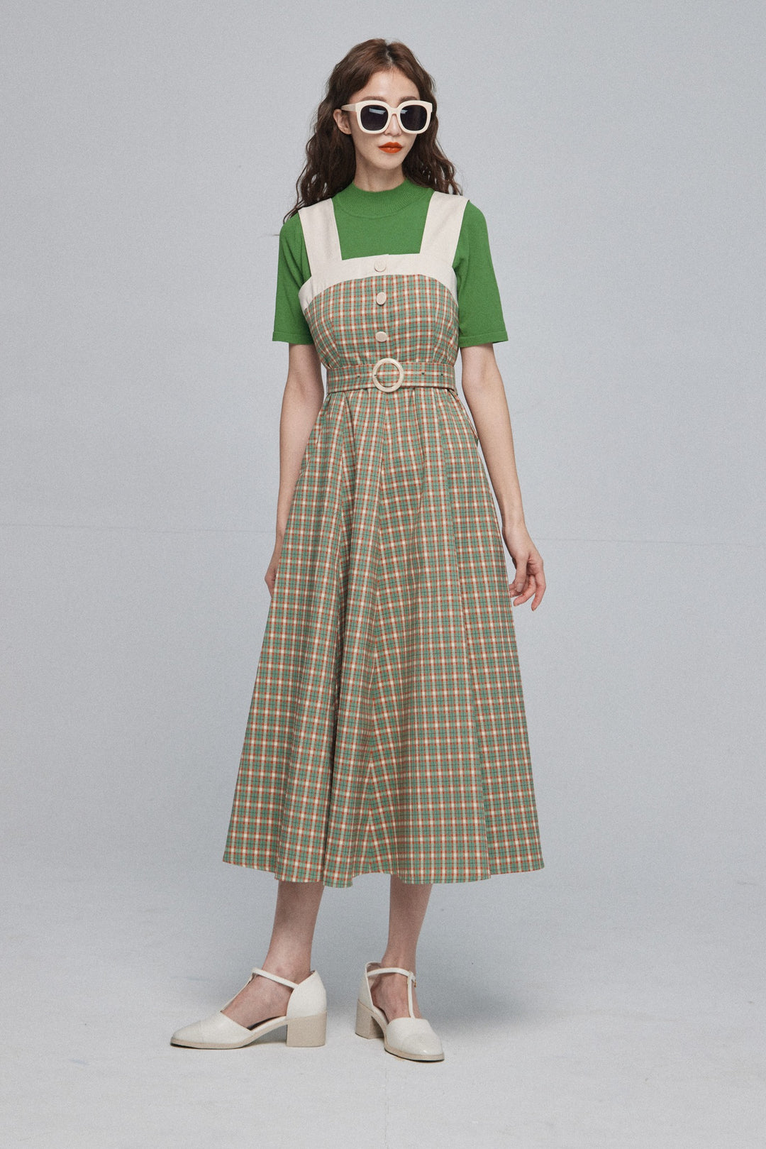 《北京ダックを持ち帰りで》ショルダーストラップハイウエストドレス-Green