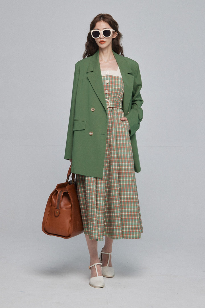 《北京ダックを持ち帰りで》ショルダーストラップハイウエストドレス-Green