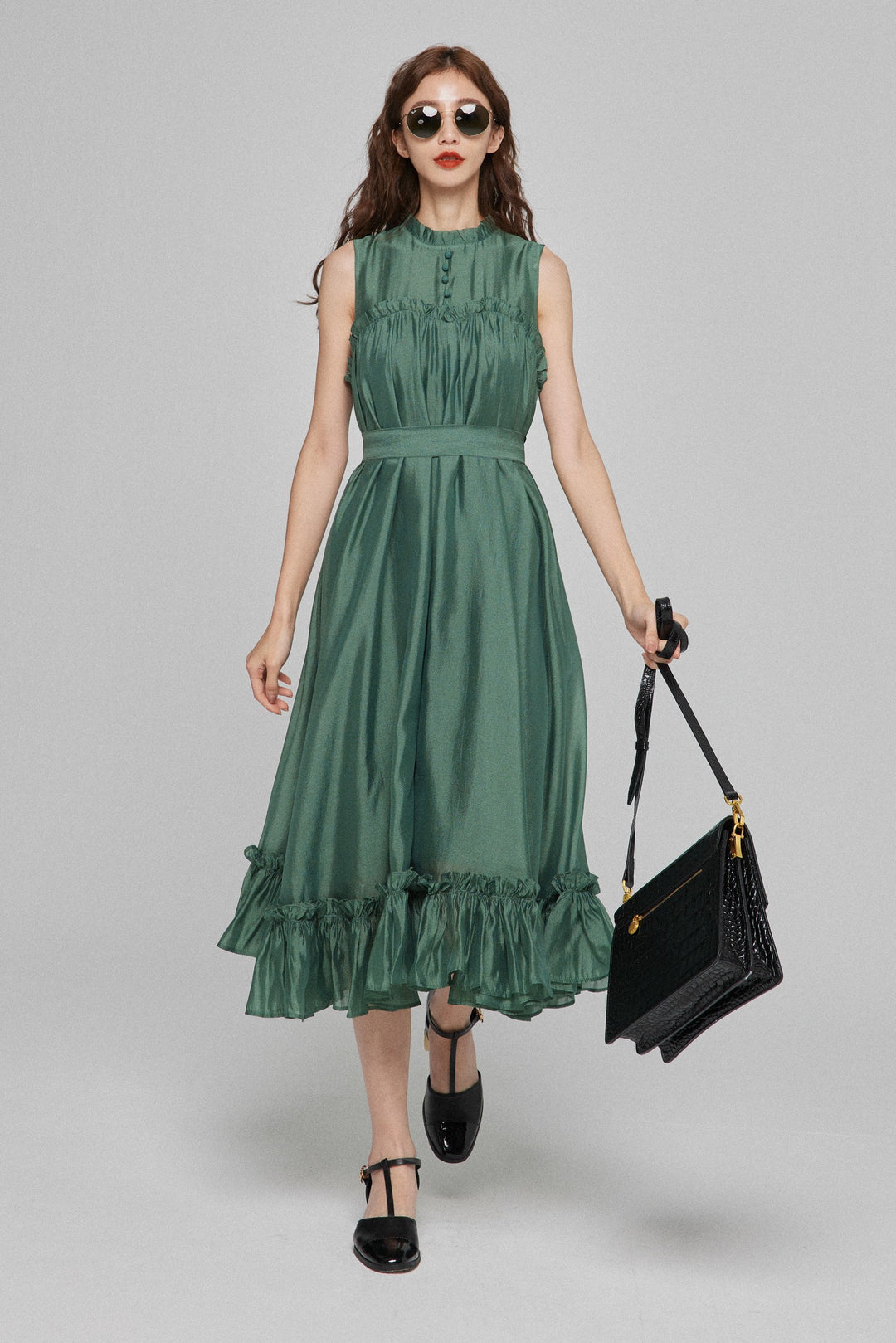 《キラキラ輝く湖面に》ラッフルトリムドレス-Dark green