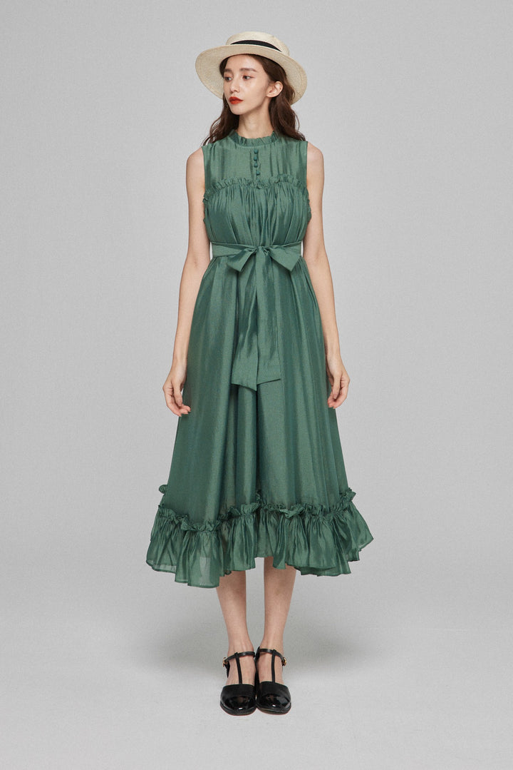 《キラキラ輝く湖面に》ラッフルトリムドレス-Dark green