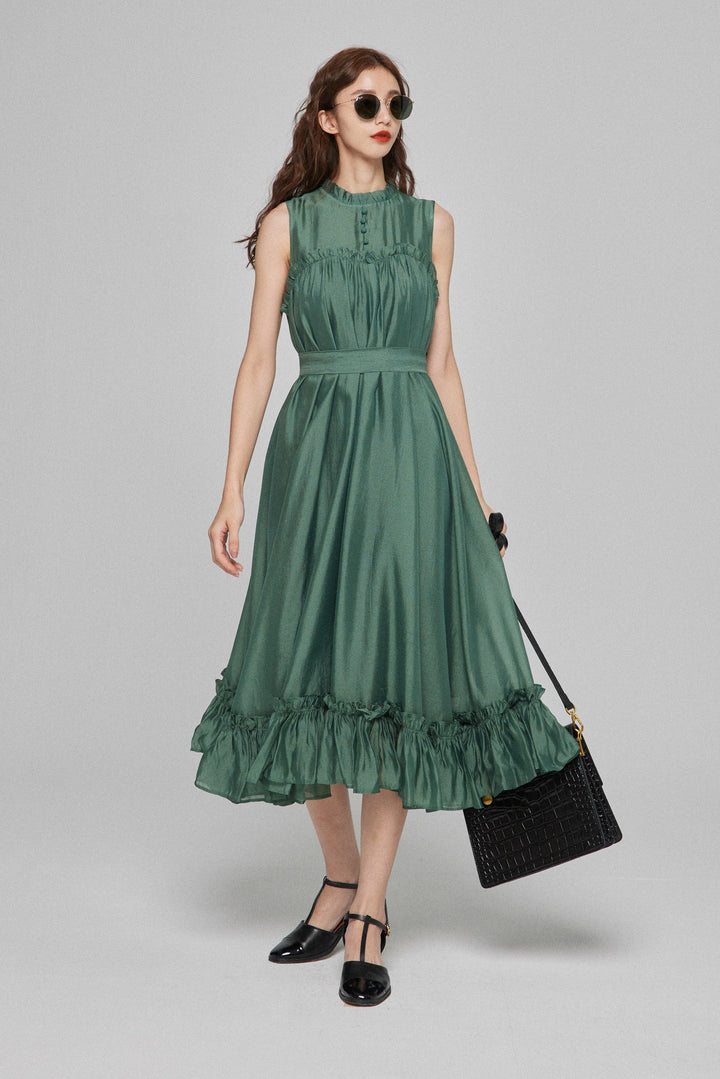 《キラキラ輝く湖面に》ラッフルトリムドレス-Dark green