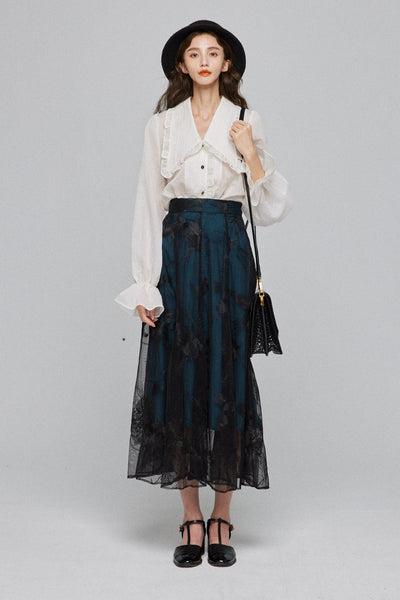 《샐리와 데이빗의 스캔들》 시스루 엠브로이드리 하이 웨스트 스커트-Dark green