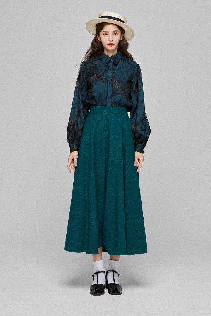 《サリーとデイヴィットのスキャンダル》シースルーエンブロイダリーブラウス-Dark green