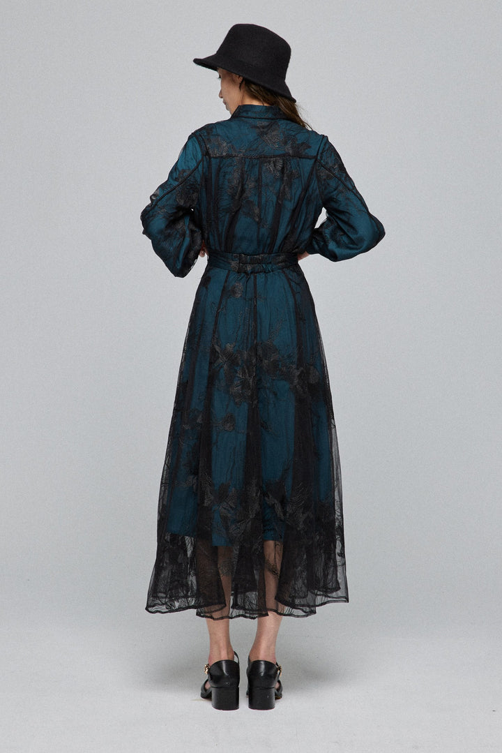 《サリーとデイヴィットのスキャンダル》シースルーエンブロイダリーハイウエストスカート-Dark green
