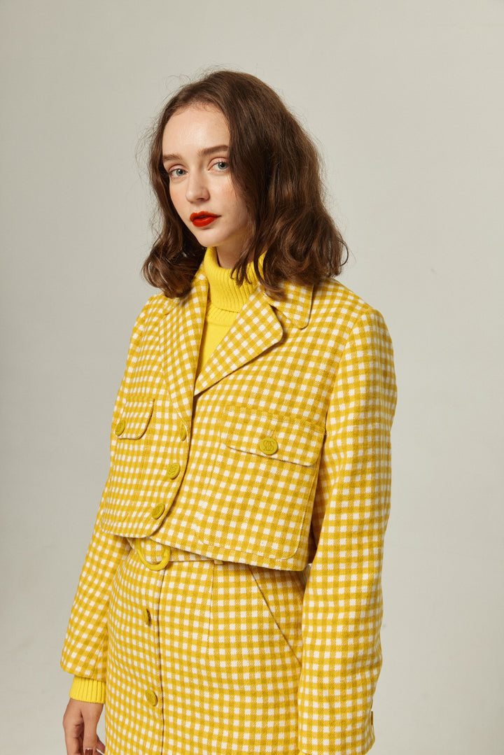 《ウィッグとサングラスをして》ギンガムチェックジャケット-Yellow