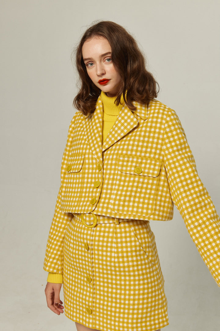 《ウィッグとサングラスをして》ギンガムチェックジャケット-Yellow