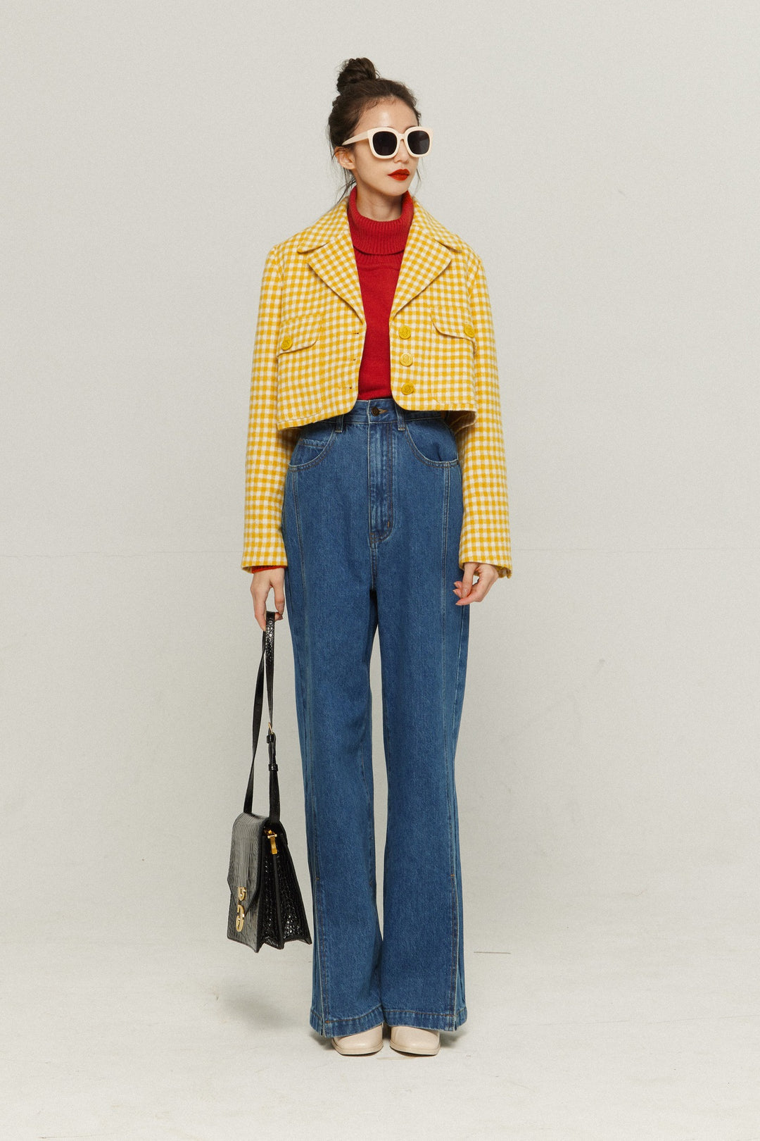 《ウィッグとサングラスをして》ギンガムチェックジャケット-Yellow