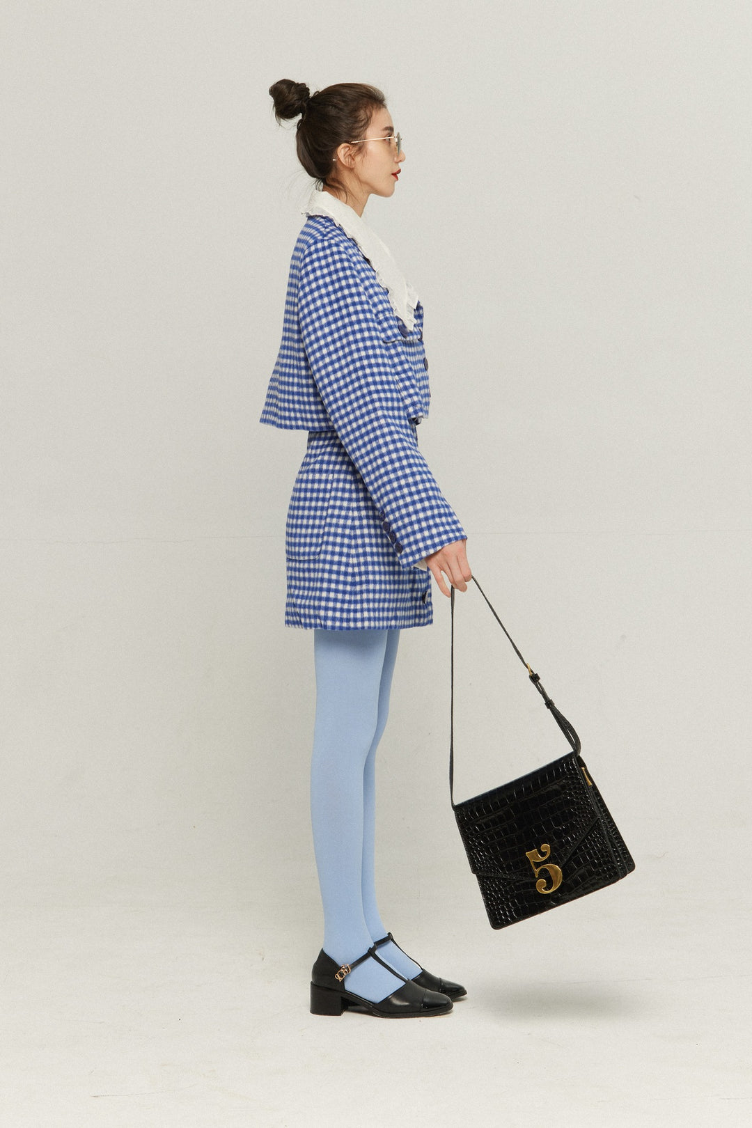 《ウィッグとサングラスをして》ギンガムチェックハイウエストスカート-Blue