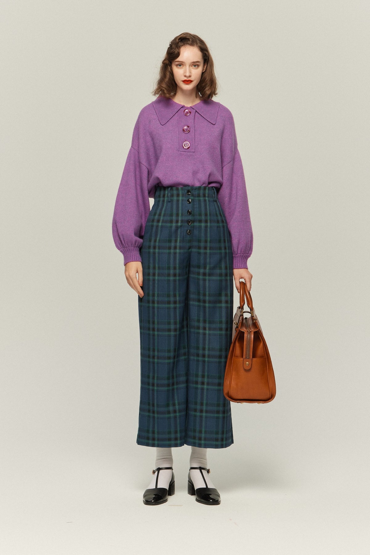 《Bumping into Paul on the street》 High waist wide check pants-Blue green