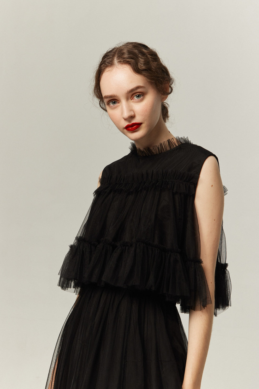 《実は私300歳》チュールフリルハイウエストフレアスカート-Black
