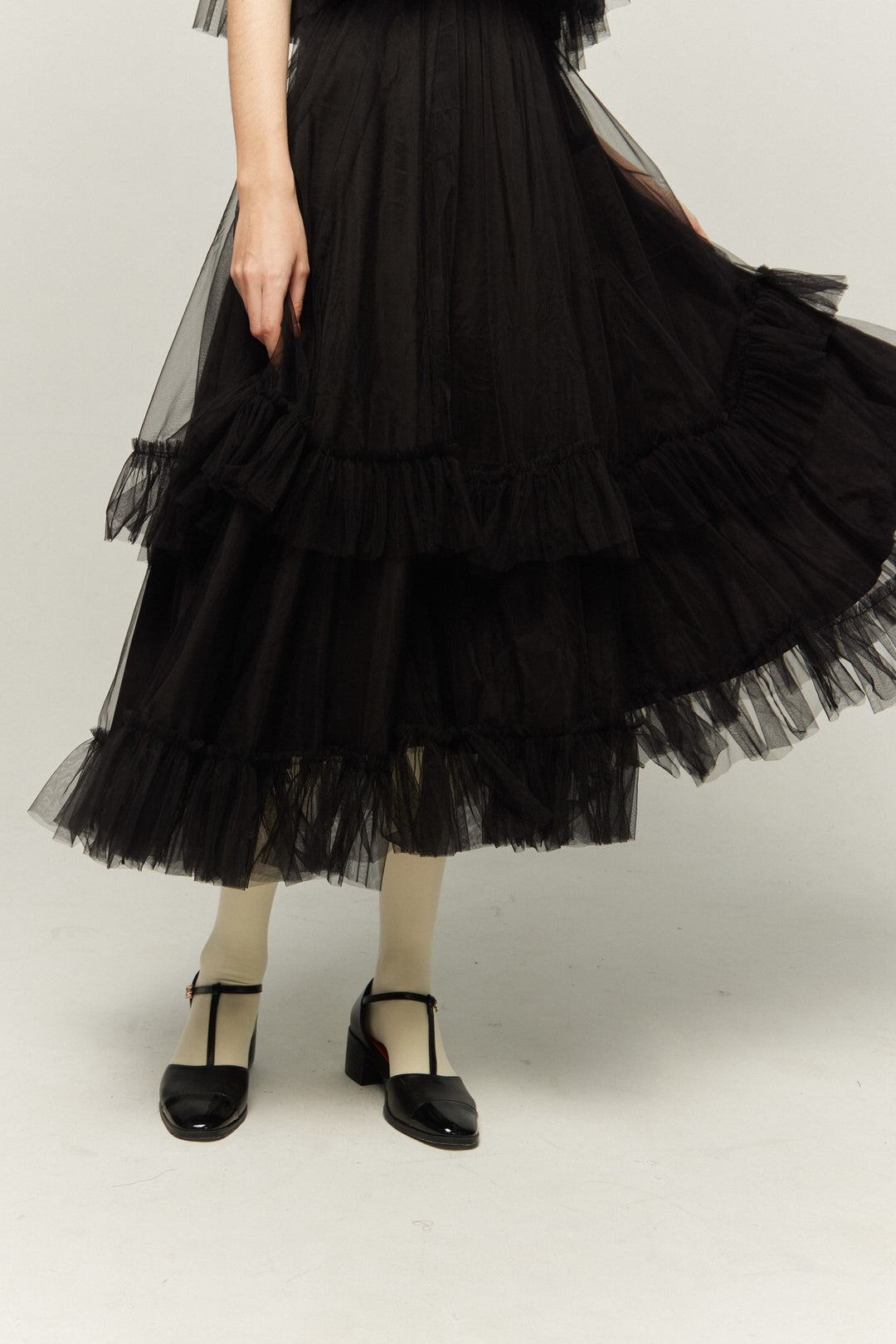 《実は私300歳》チュールフリルハイウエストフレアスカート-Black
