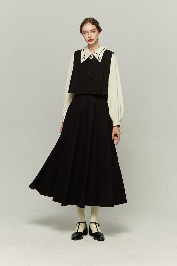 《誰が一番早く家につくか勝負しよう》ハイウエストプリーツロングスカート-Black