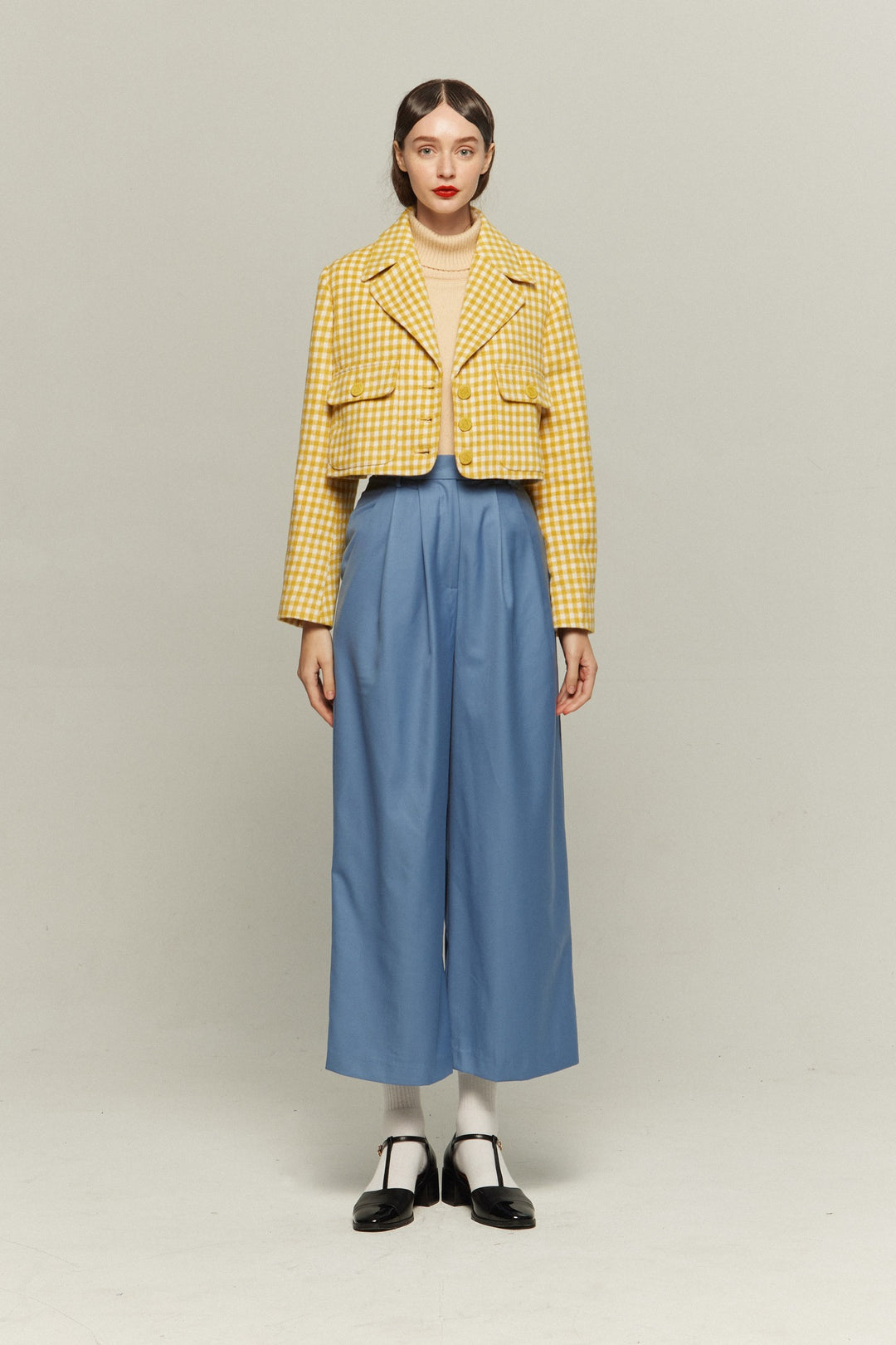 《ウィッグとサングラスをして》ギンガムチェックジャケット-Yellow