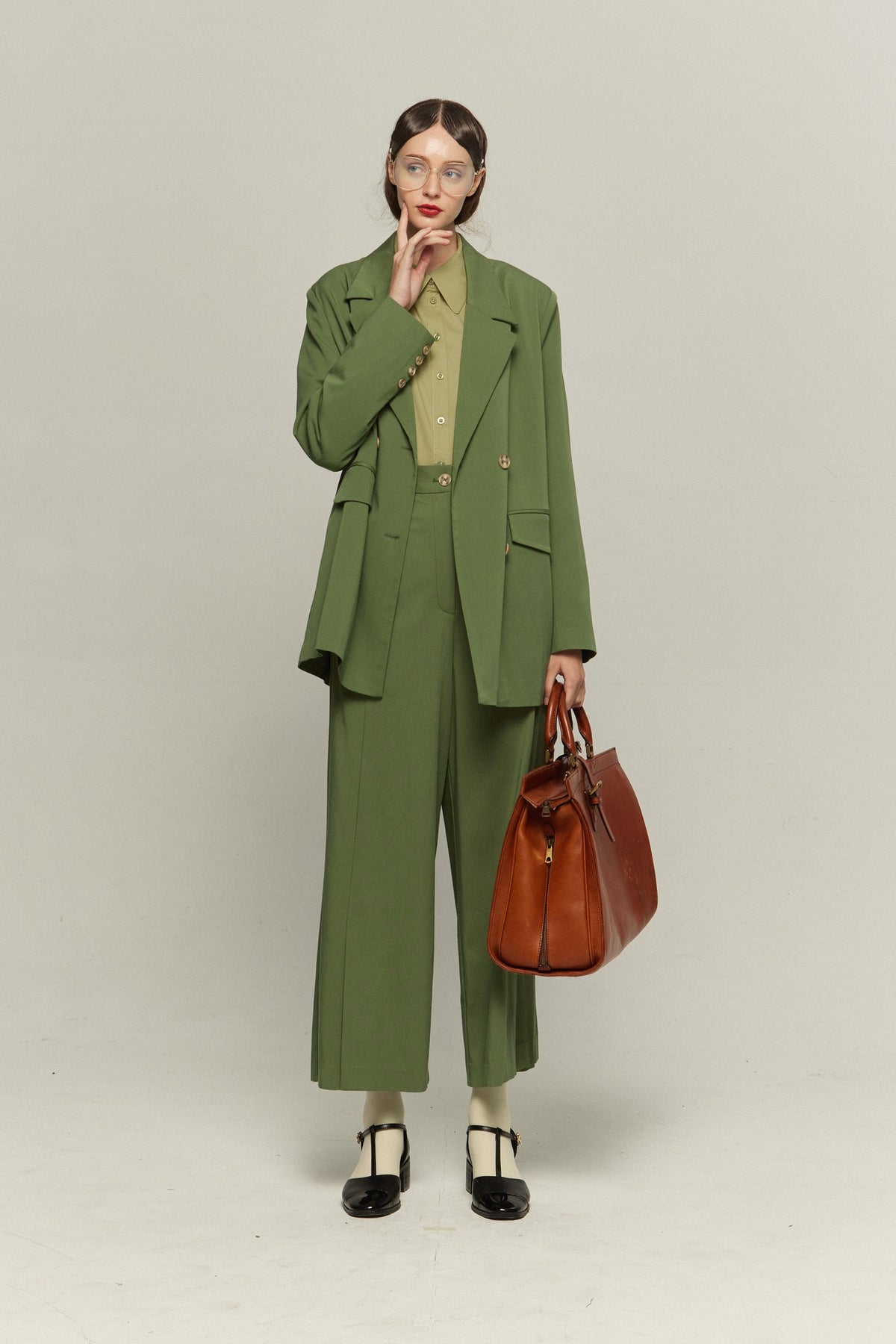 《Draw a map with tree branches》Double button jacket-Light green